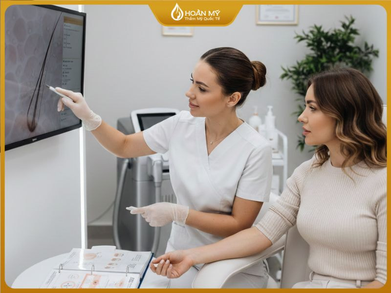 Kỹ thuật viên chuyên nghiệp thực hiện soi da và tư vấn phác đồ triệt lông cho khách hàng tại Hoàn Mỹ