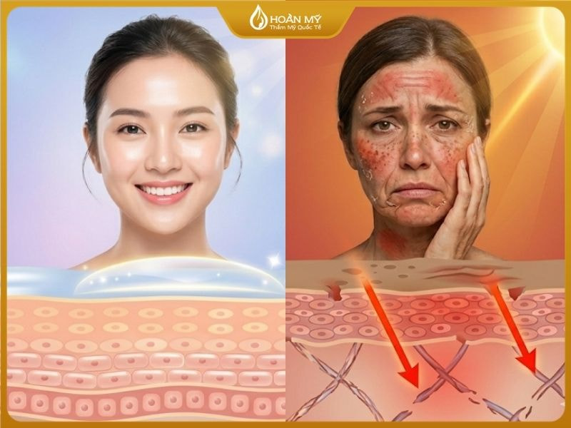 So sánh trực quan giữa làn da hấp trắng phi thuyền 4.0 và da bị tổn thương do kem lột tẩy