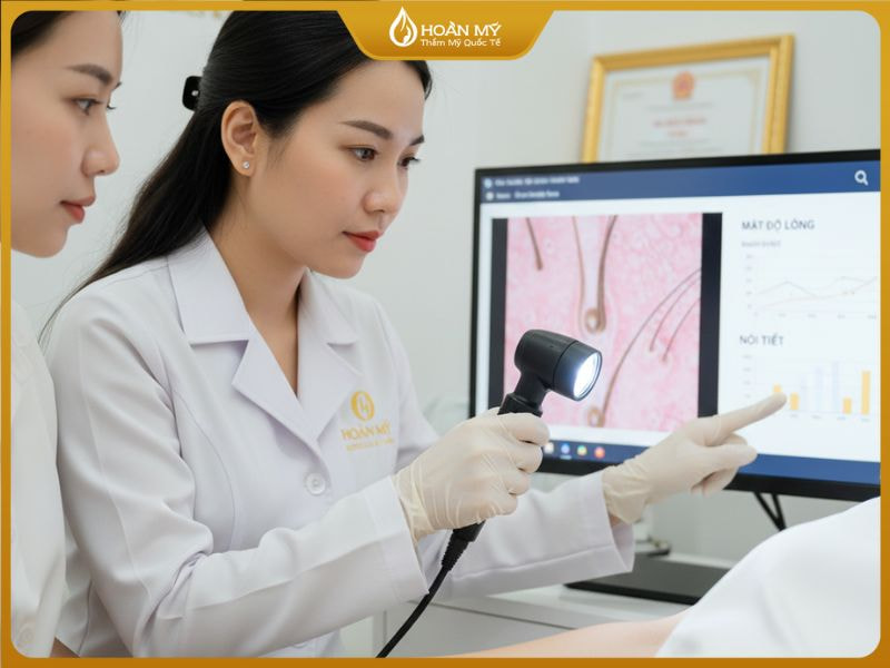 Bác sĩ tại Hoàn Mỹ thực hiện soi da đánh giá mật độ lông và nội tiế